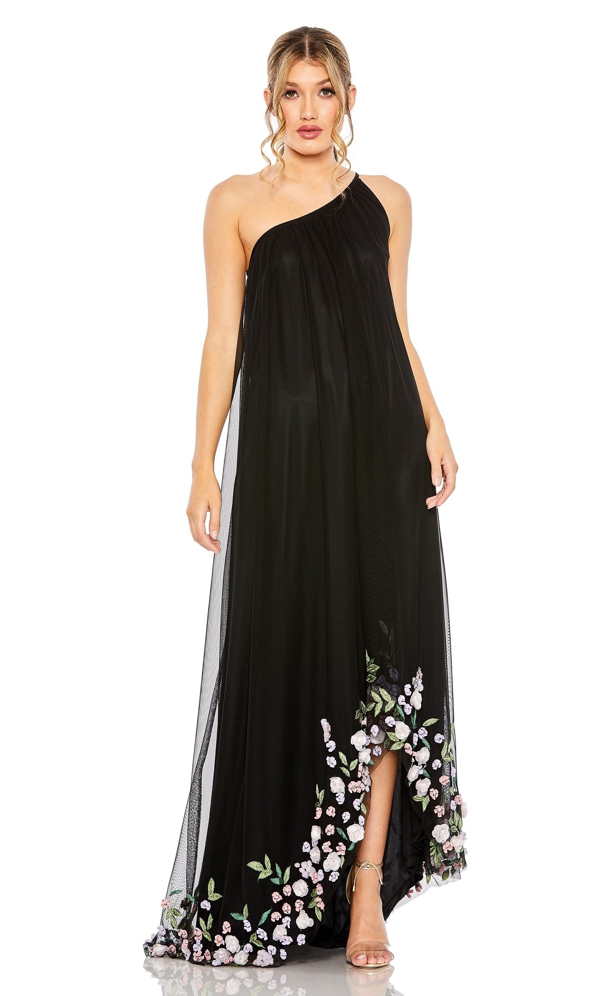 A woman in a Mac Duggal 9236 beaded long shift formal dress stands against a white background.